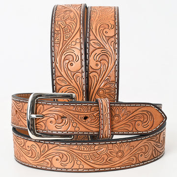 BAR H EQUINE 32 - 42 In Floral Hand Tooled Western Genuine Leather Belt Brown